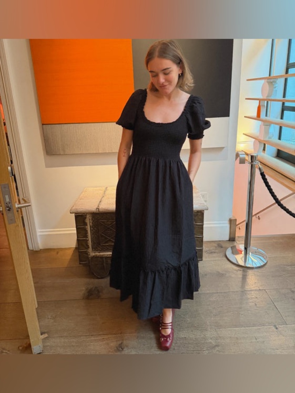 Hill House Home Louisa Nap Dress cotton smocked midi black 1S